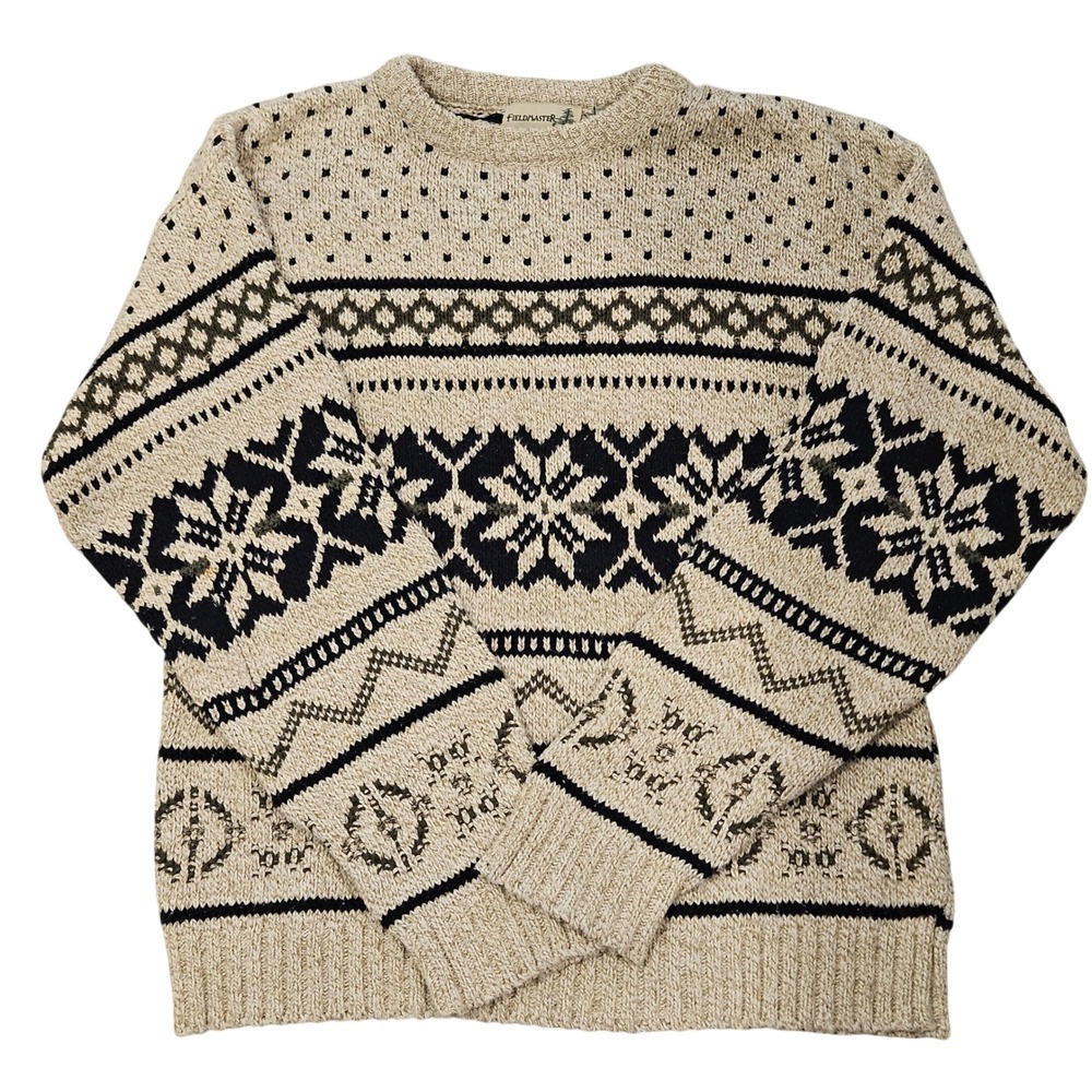 Fieldmaster Sweater Mens M Beige Fair Isle Snowflake Crewneck Knit Cotton Blend